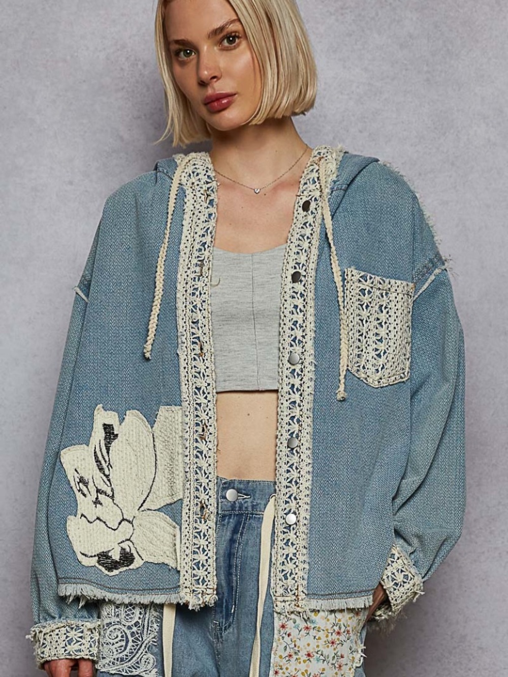 POL Clothing Mixed Media Hooded Crochet Trim Jacket